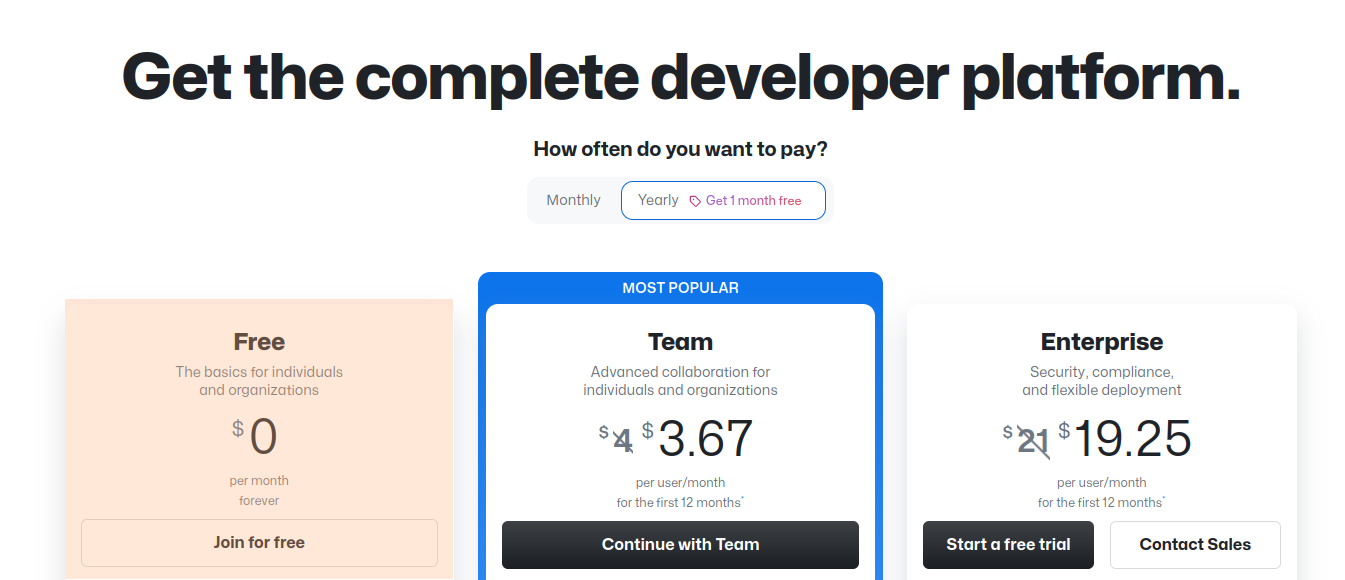 A screenshot showing the GitHub pricing page with the free account sign up highlighted.