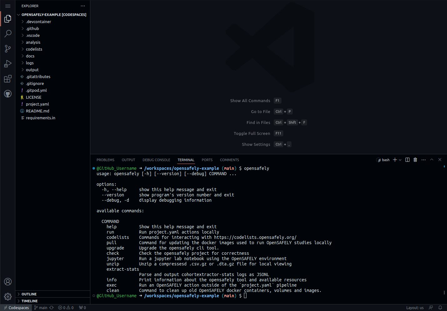 A screenshot showing the OpenSAFELY CLI help prompt in a GitHub codespace.